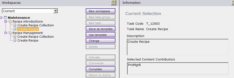 Screen capture that displays how to create the workspace task for Create Recipe.