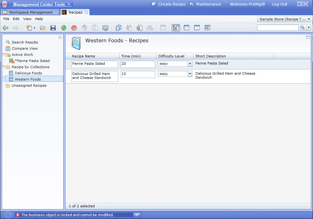 Screen capture that displays a locked business object in the Recipes tool.