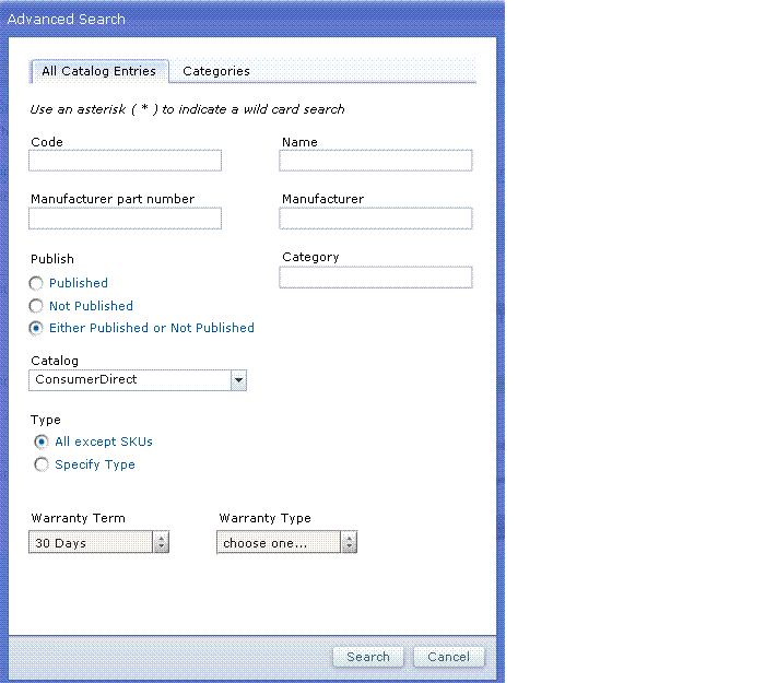 Advanced Search dialog in Catalogs tool