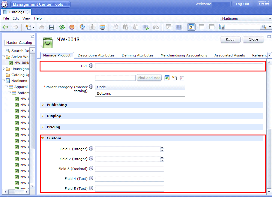 Screen capture of the custom fields for a product.