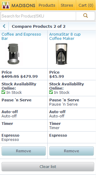 Smart phone product compare page