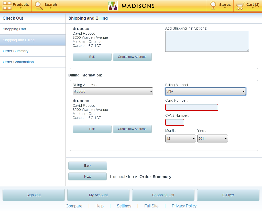 Tablet checkout shipping information page