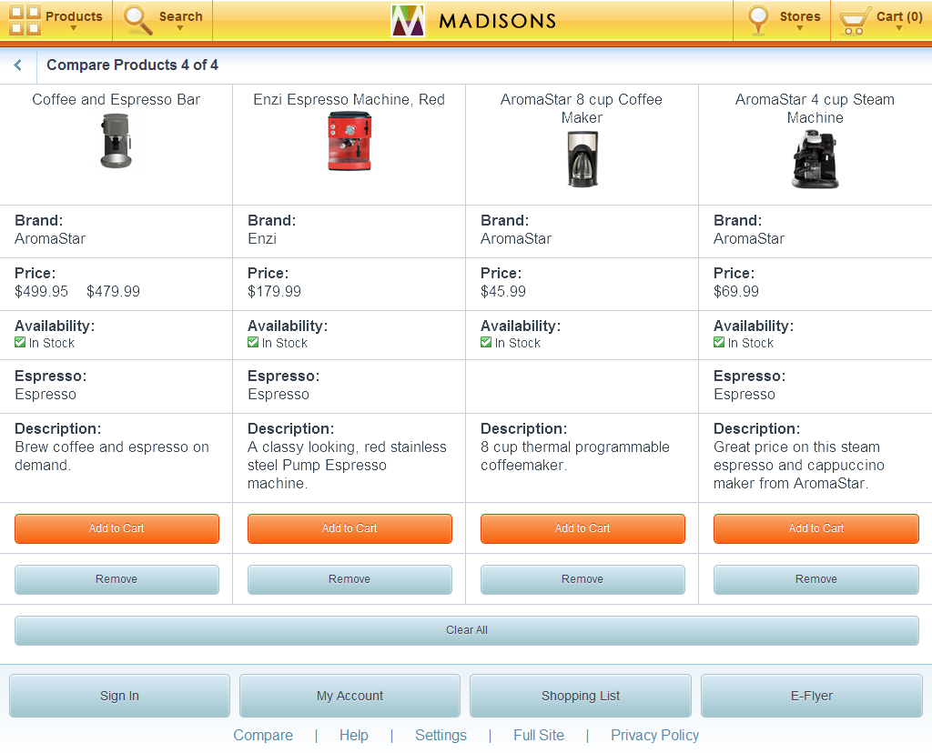 Tablet product compare page