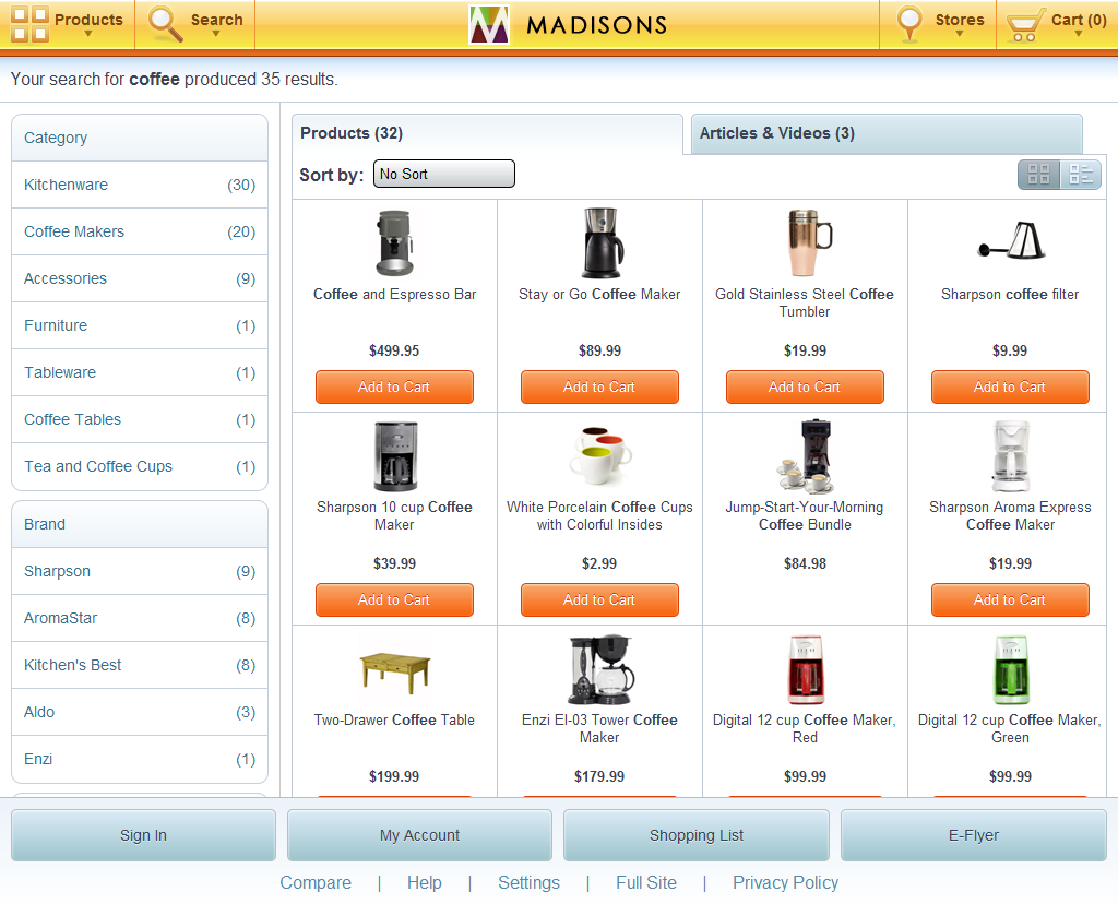 Tablet search results page