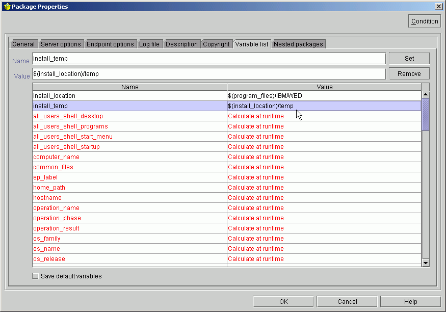 On the Variable list tab of the Package properties editor, you can create new variables by providing the Name and Value and then pressing Set.