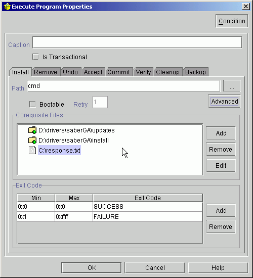 C:\response.txt shows in the Corequisite Files list in the Execute Program Properties editor.