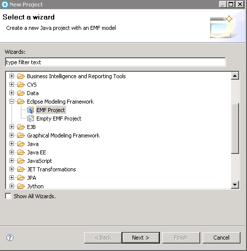 EMF Project selection screen capture