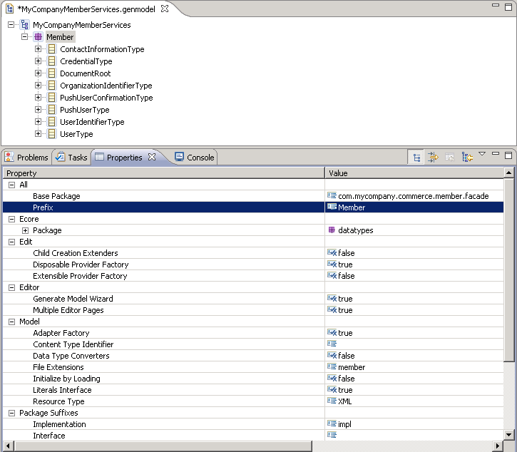 In the Properties view, update the Prefix to Member