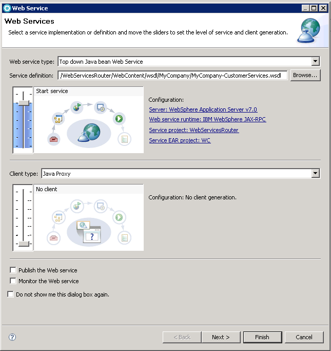 This screen capture shows what the Web Services screen looks like before the user clicks Finish