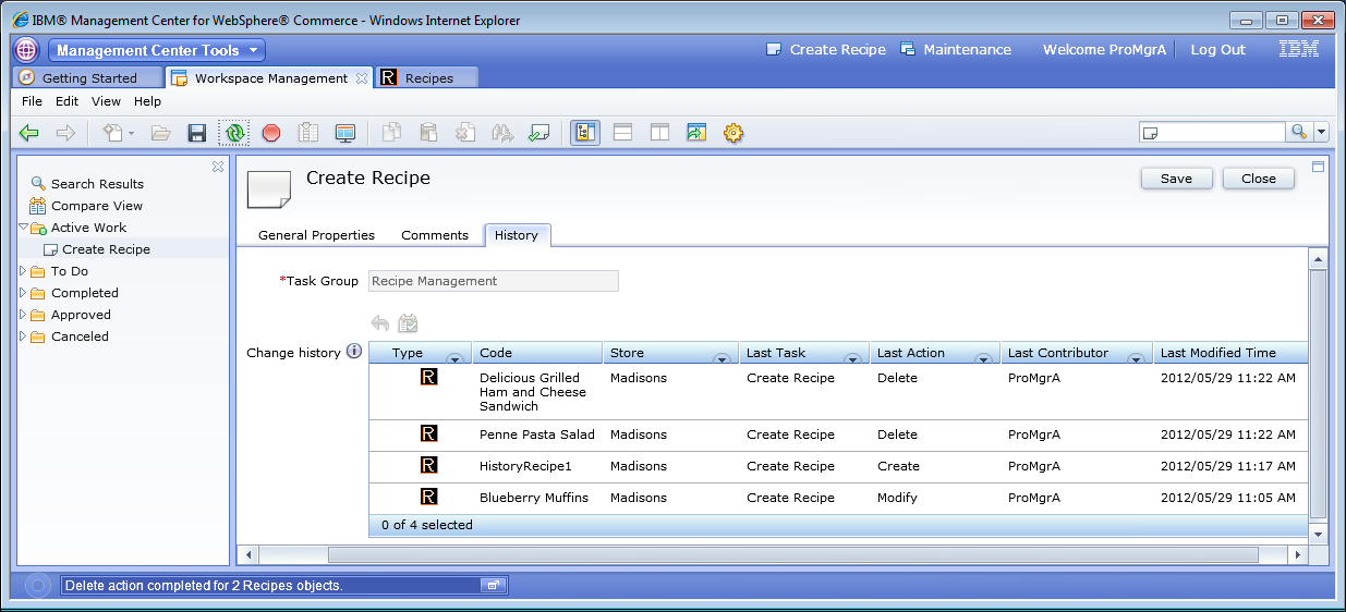 Create Recipe History tab listing four recipes