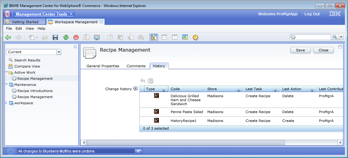 Recipe Management task group change history showing no blueberry muffin object.