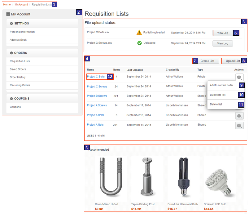 Requisition Lists page