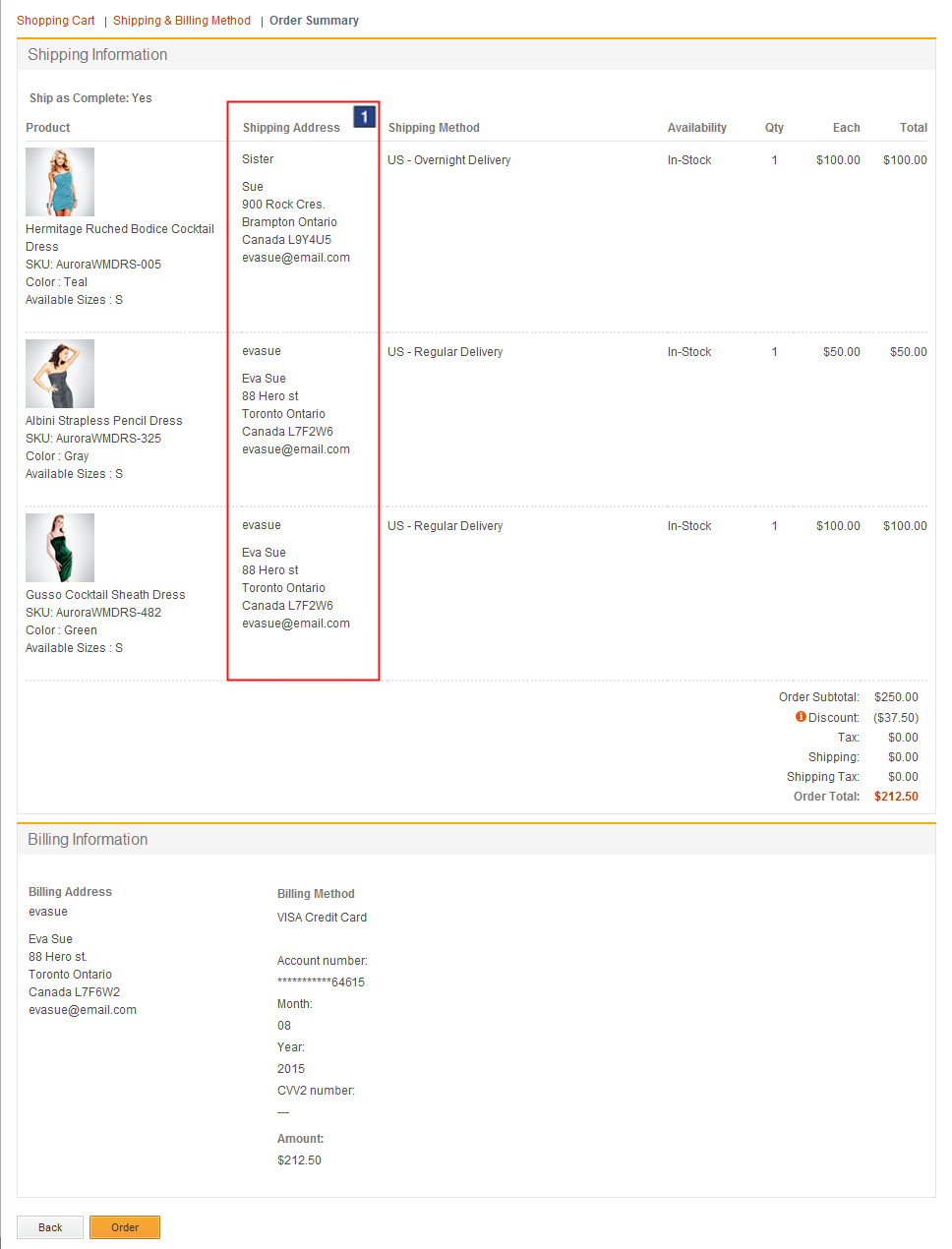 Order summary page: Multiple shipping and billing addresses screen capture