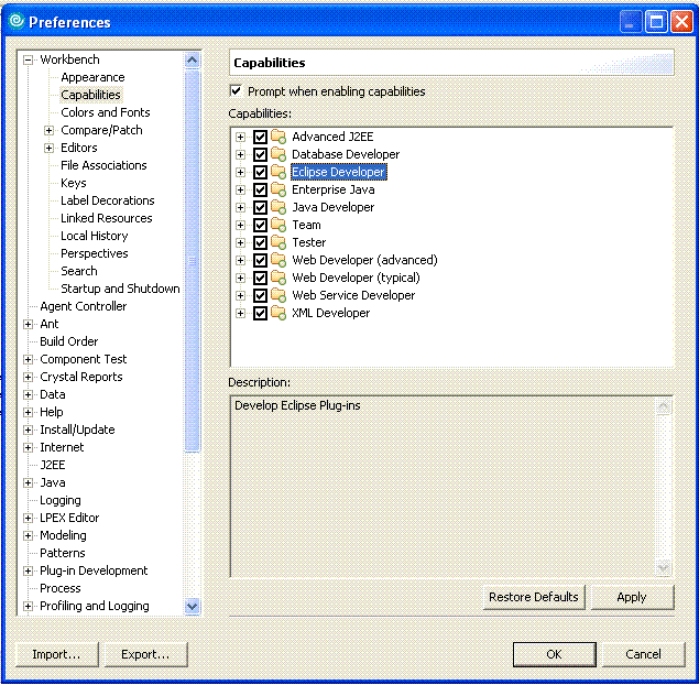 Selecting the required capabilities in the main pane