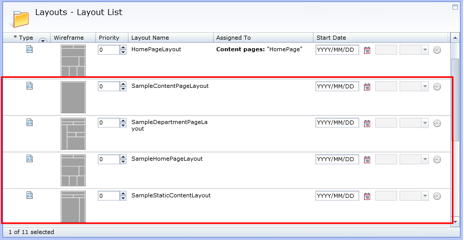 Layout List that contains sample layouts