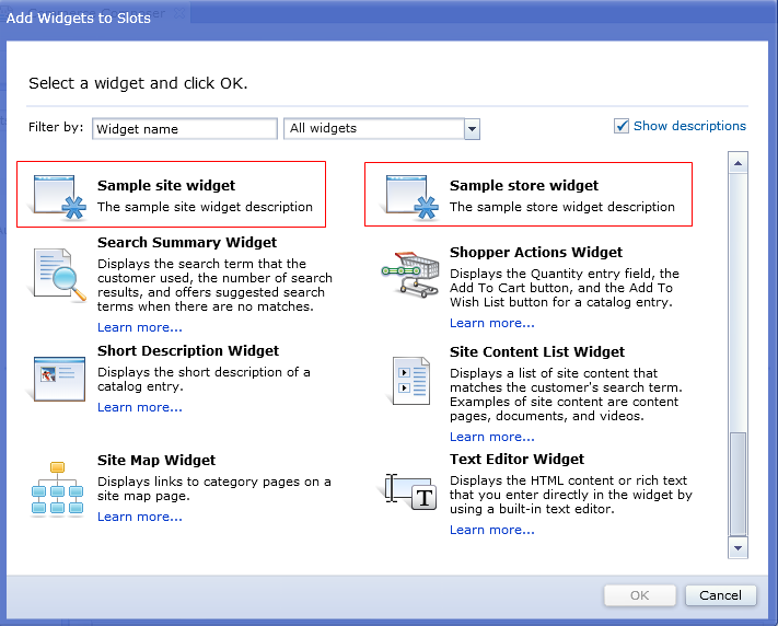 Add widget to slot window that contains sample widgets