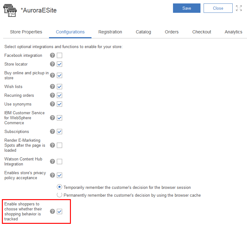 Image that shows the store function for enabling consent management for tracking shopping behavior.