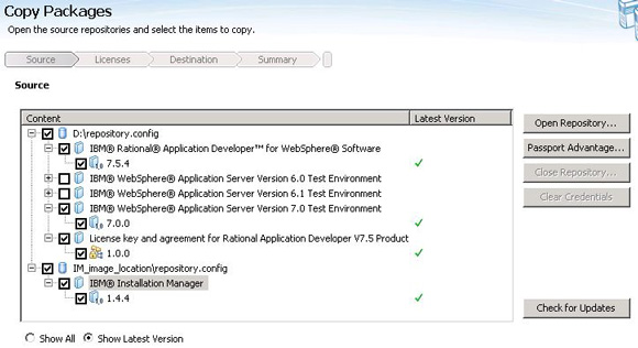 Example of products you might select to be copied to the central repository