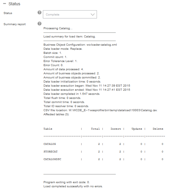 Sample summary report for Catalog Upload