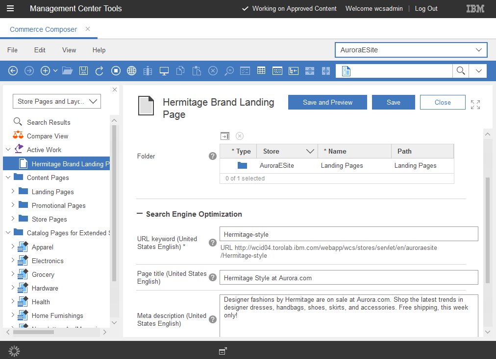 Creating a page in the Commerce Composer tool