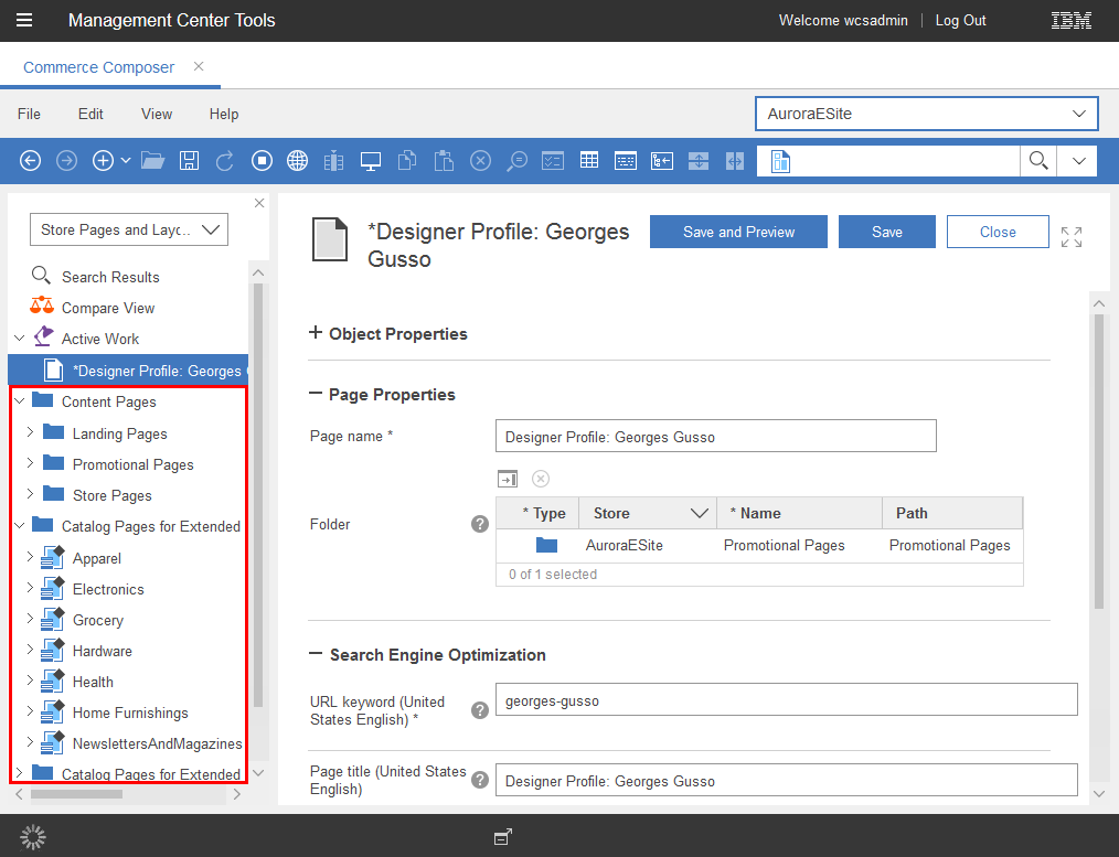 Page types in the Commerce Composer tool