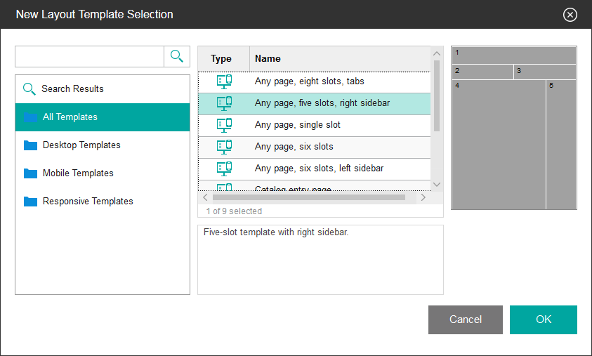 New Layout Template Selection window