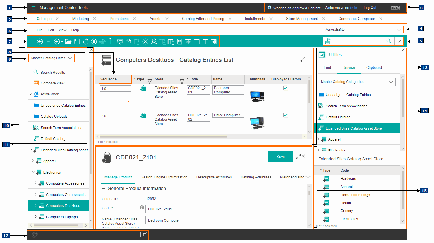 Management Center user interface screen capture containing numbered labels for different components