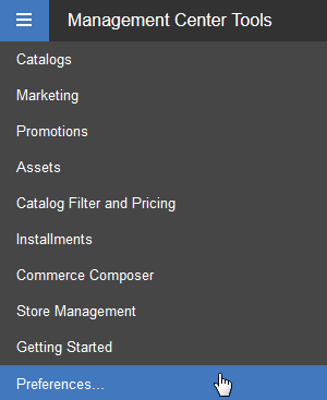 Management Center Tools menu showing Preferences menu item