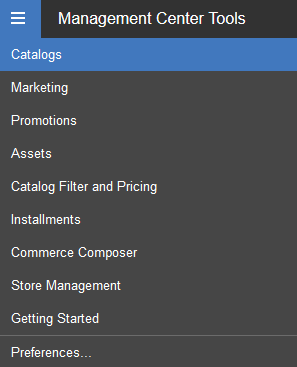 Management Center tools menu with workspaces enabled