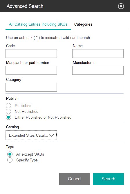 Advanced Search dialog in Catalogs tool