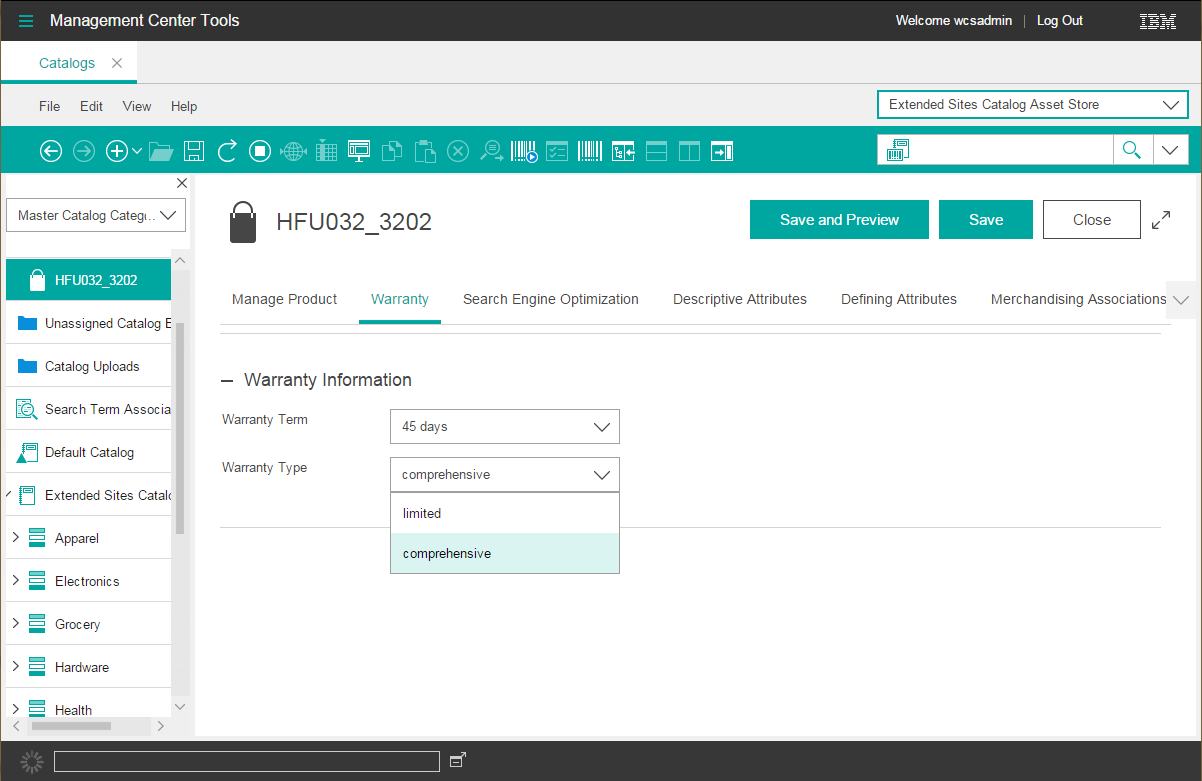 Product properties view warranty tab with warranty term and warranty type information .