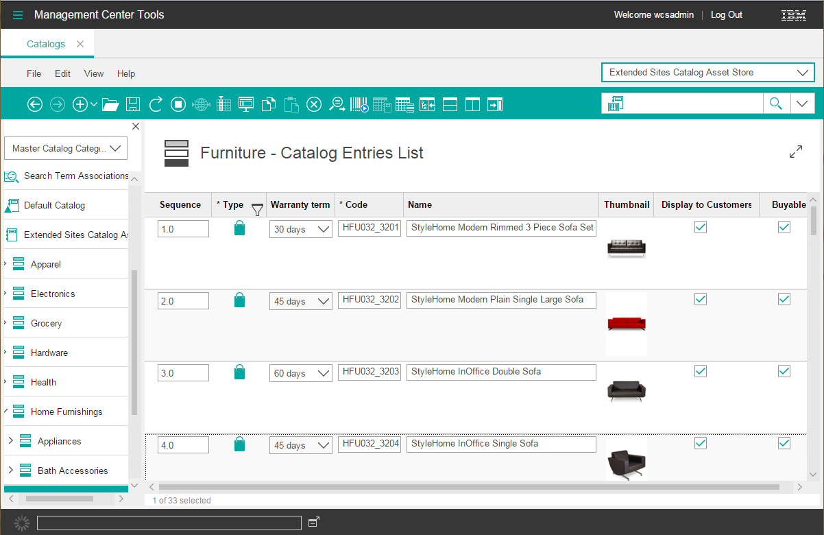 Catalog entry list view with warranty term