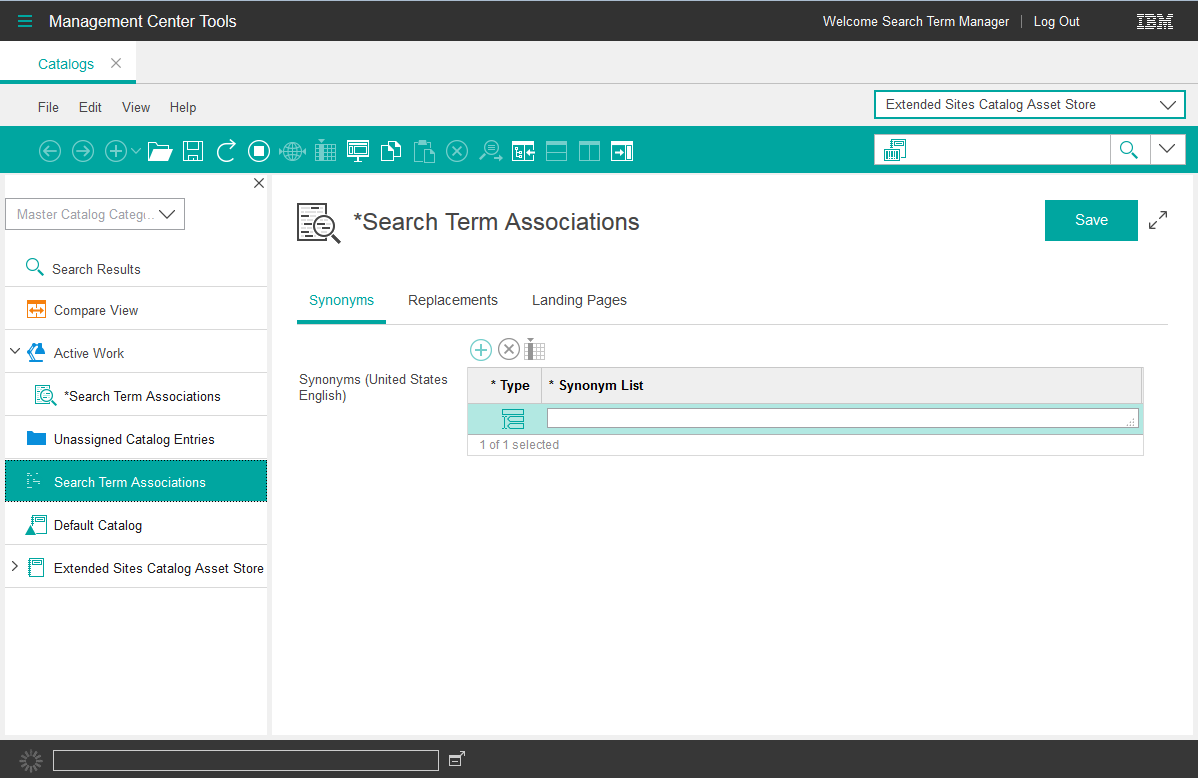 Screen capture of the Management Center Catalogs tool with Search Term Associations displayed.