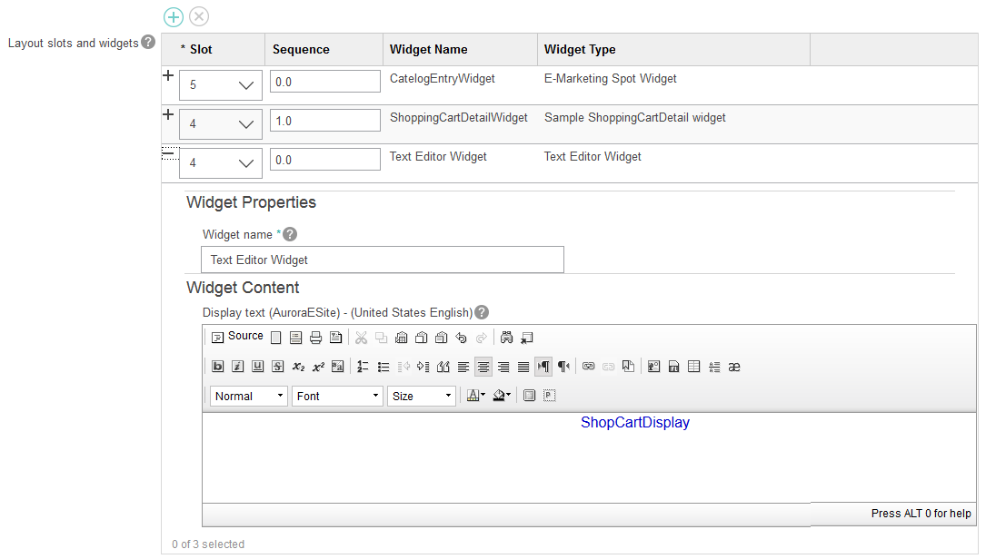 Layout widgets and slots table