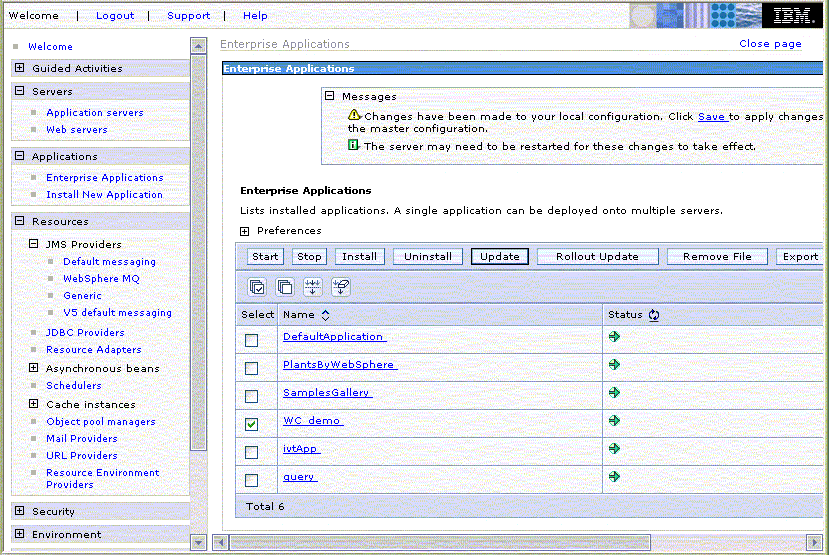 Select WebSphere Commerce application, Update