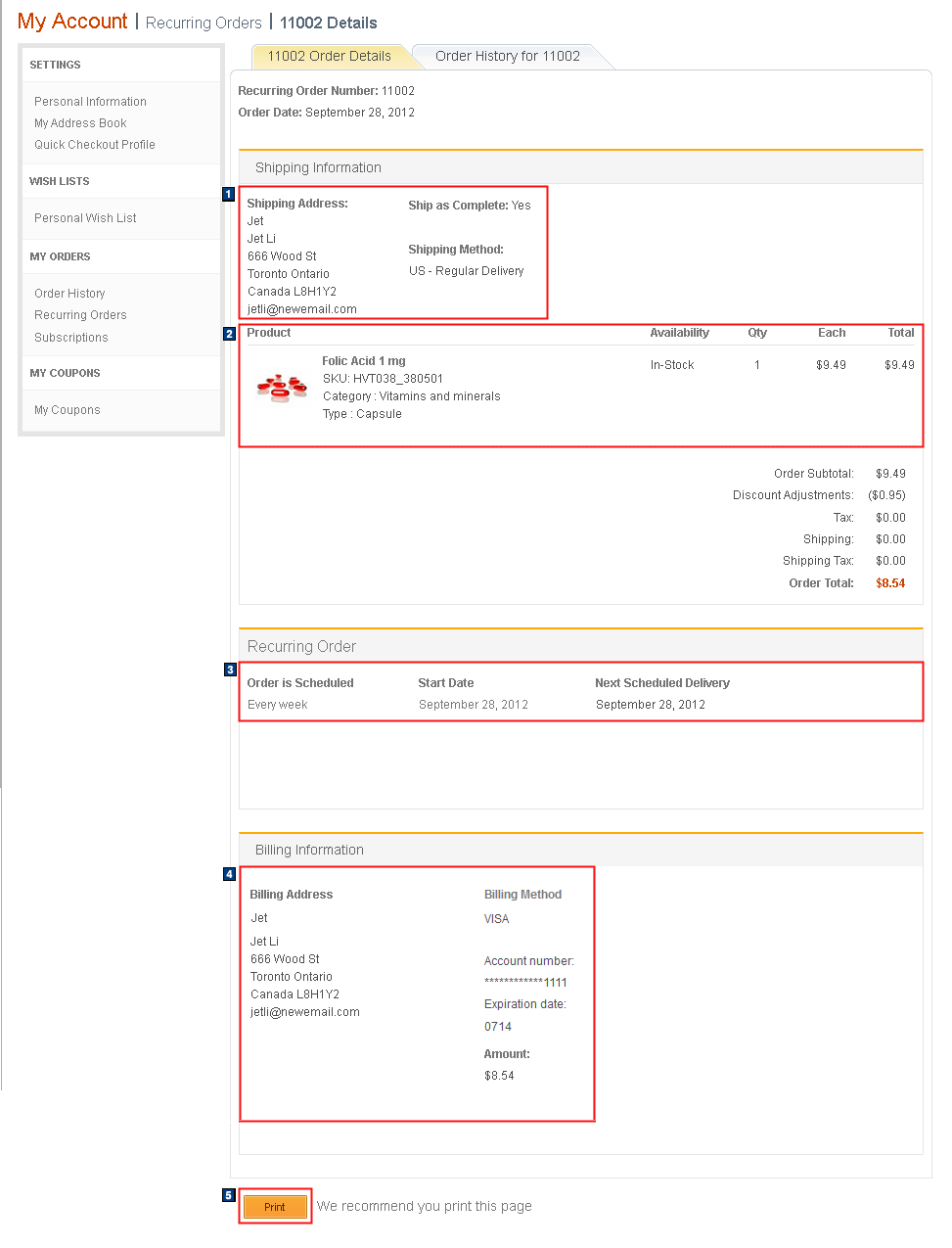 The My Account: Recurring orders details page screen capture