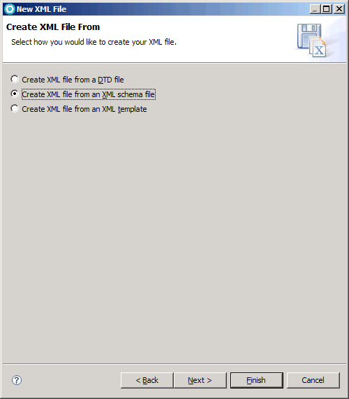 Selecting Create XML file from an XML schema file screen capture