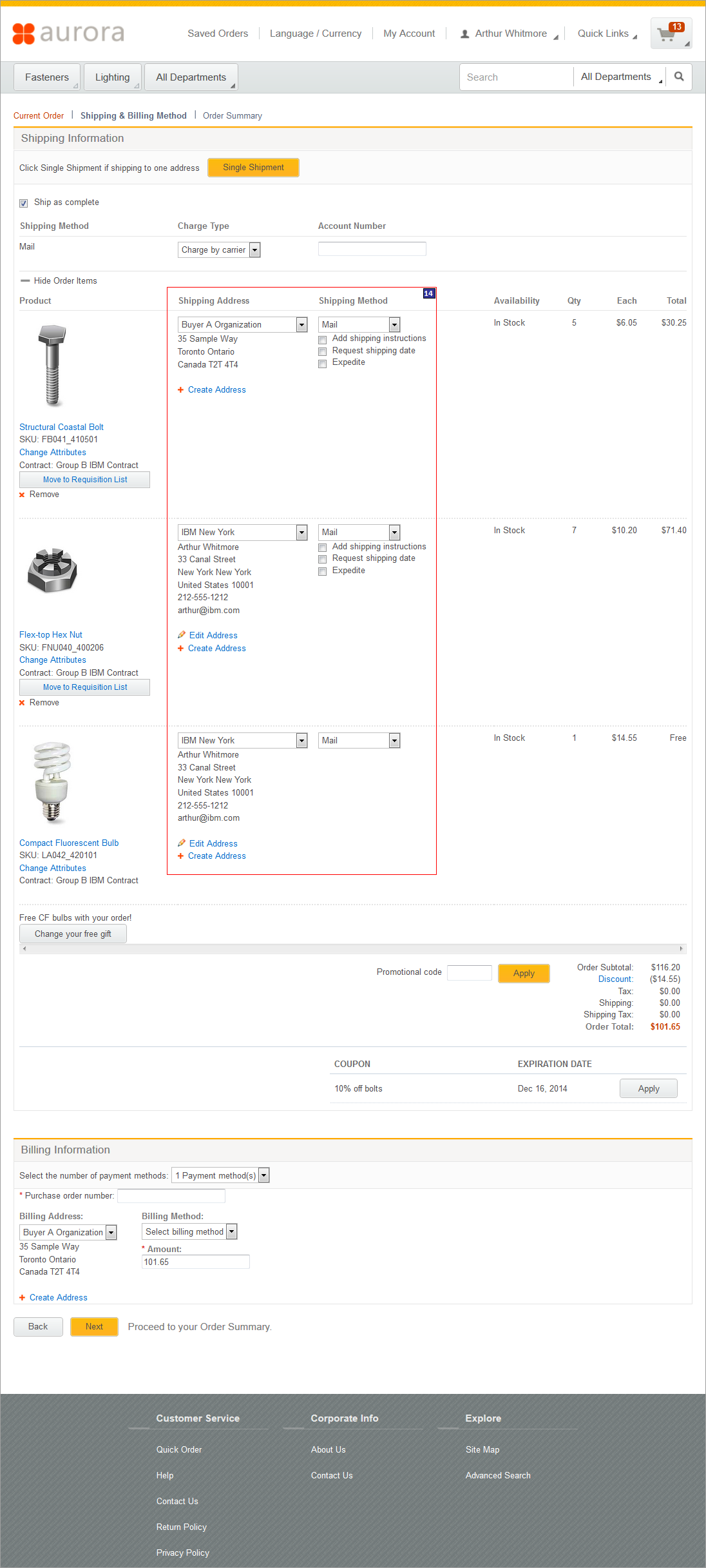 Shipping and Billing Method - multiple shipping addresses screen capture