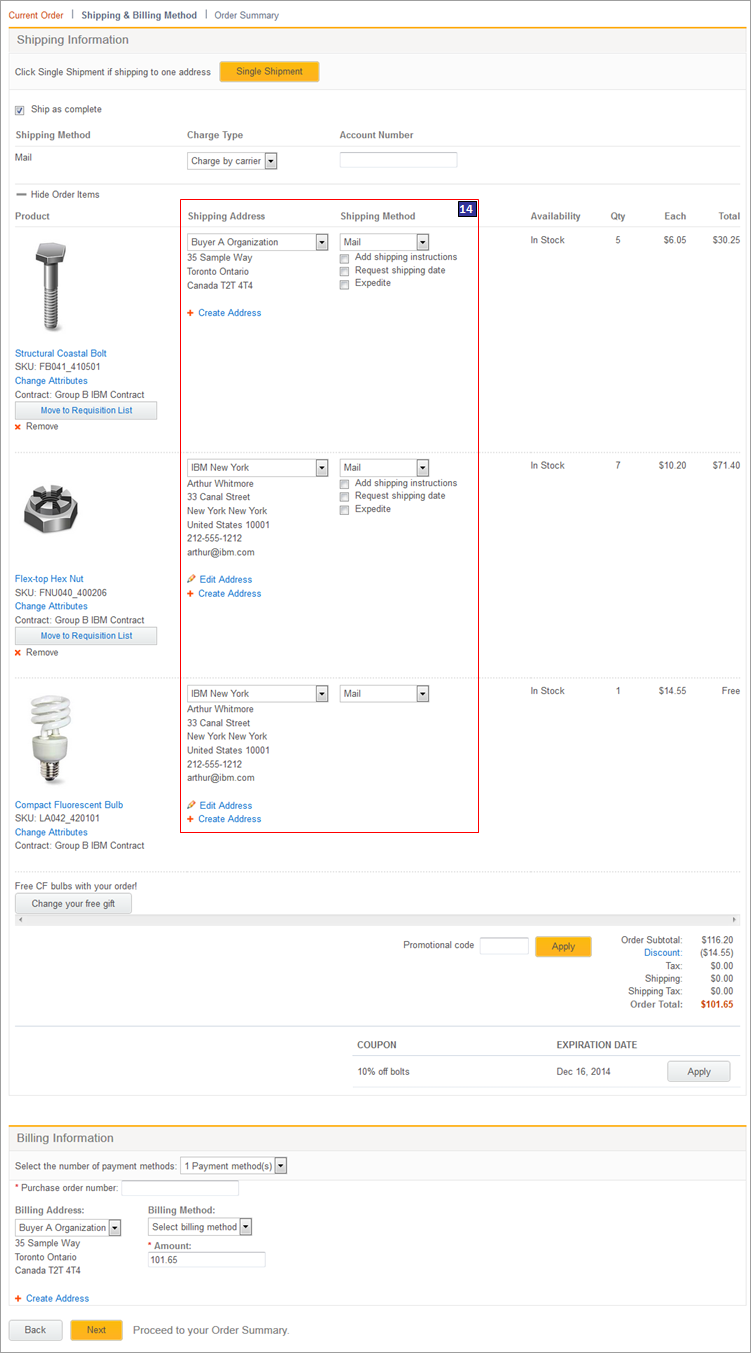 Shipping and Billing Method page (B2B) - multiple addresses