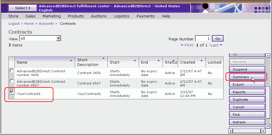 A screen capture of the new Contracts list page, which highlights the Summary button.