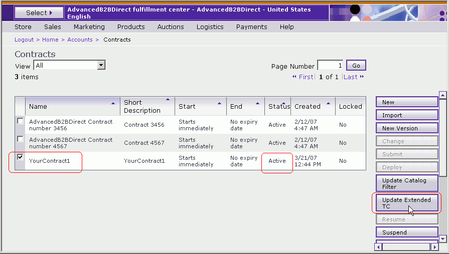 A screen capture of the Contracts list page that highlights the Update Extended TC button.