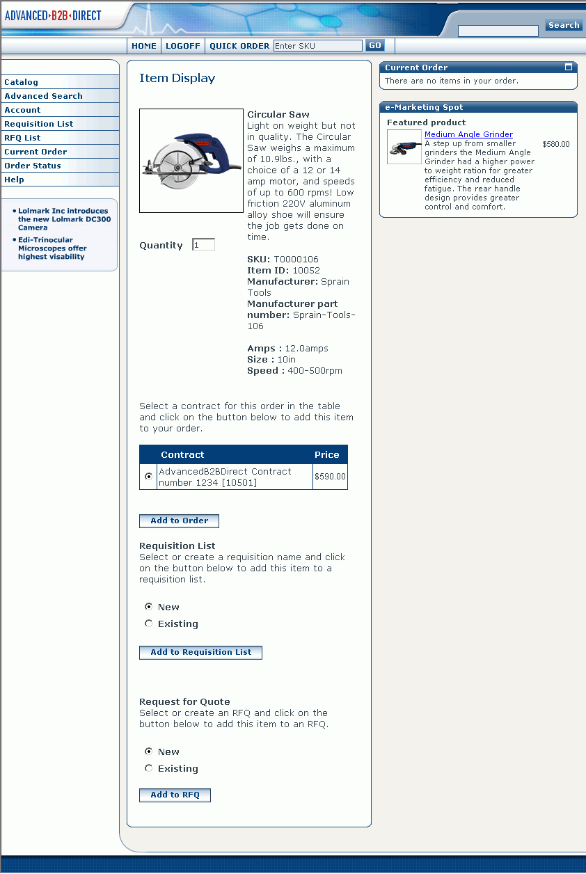 Imagen de ejemplo que muestra una página Visualización de artículo personalizada para la tienda B2B avanzada, que contiene información específica de usuario.