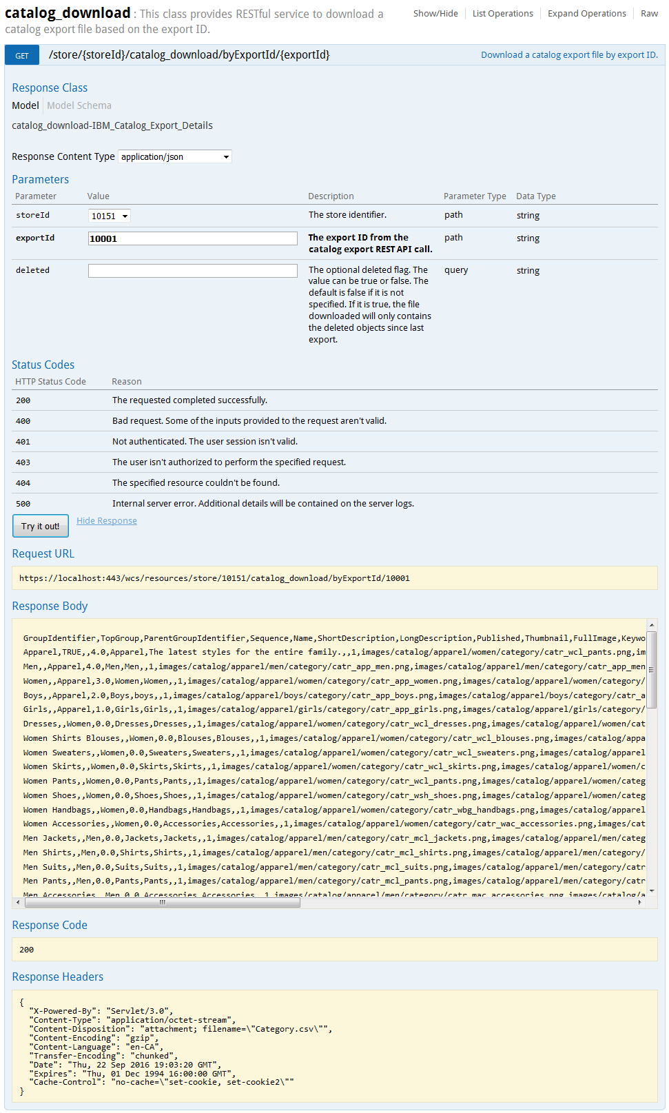 Salida de interfaz de usuario de Swagger: salida de catalog_download