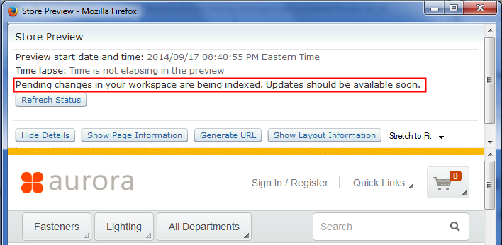 Estado que muestra cambios de indexación pendientes en la vista previa de la tienda