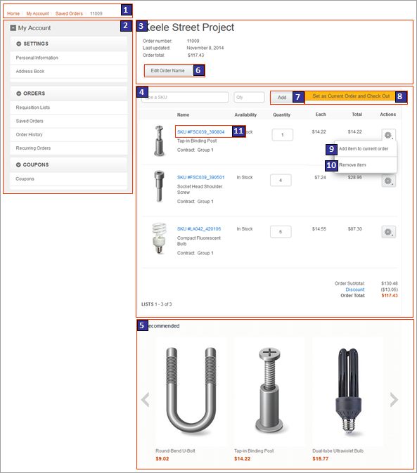 Página de detalles de pedidos guardados