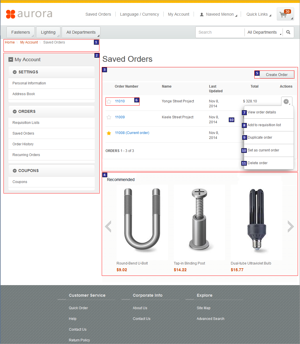 Captura de pantalla de la página Pedidos guardados