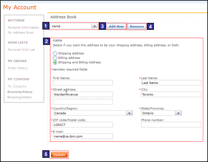 Captura de pantalla de la página Libreta de direcciones