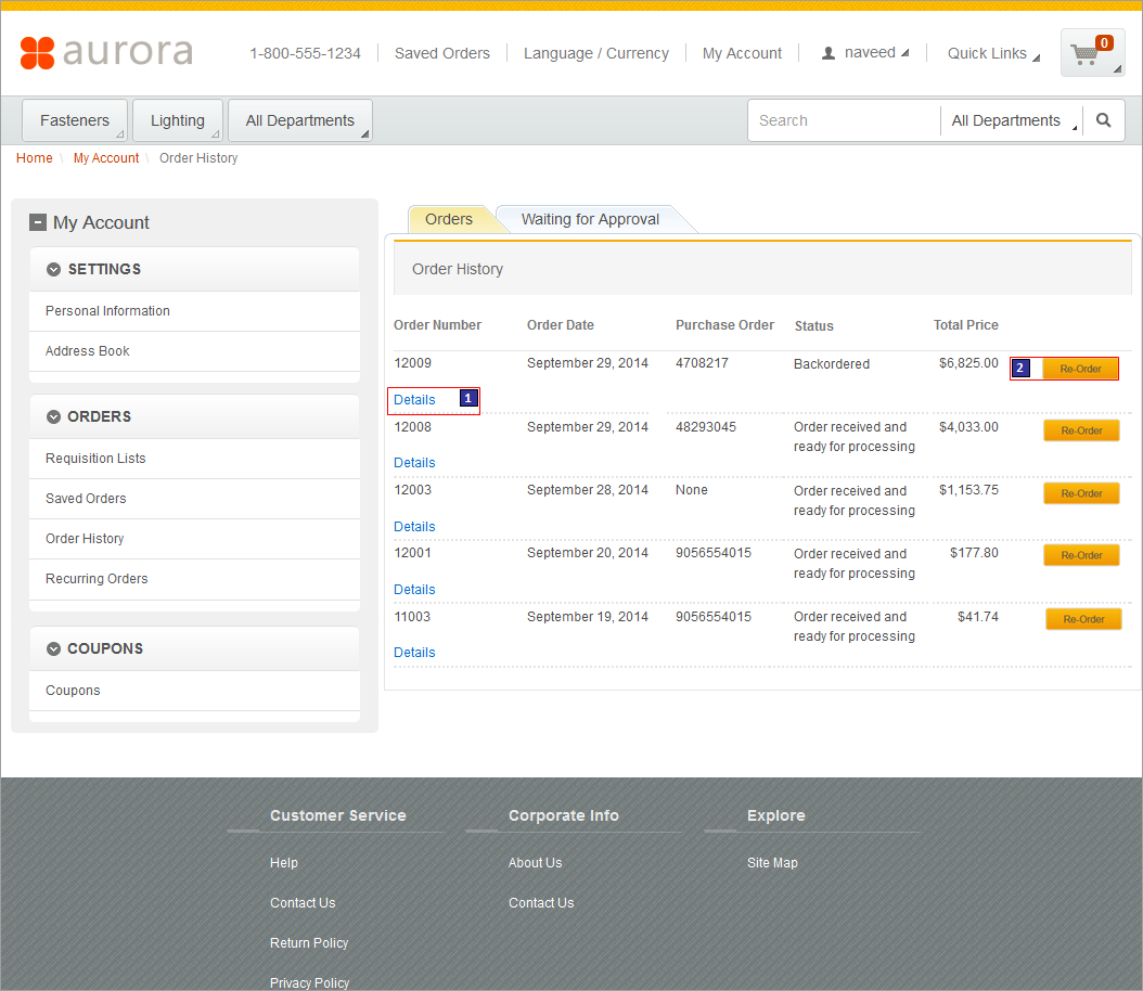 Captura de pantalla de la página Historial de pedidos