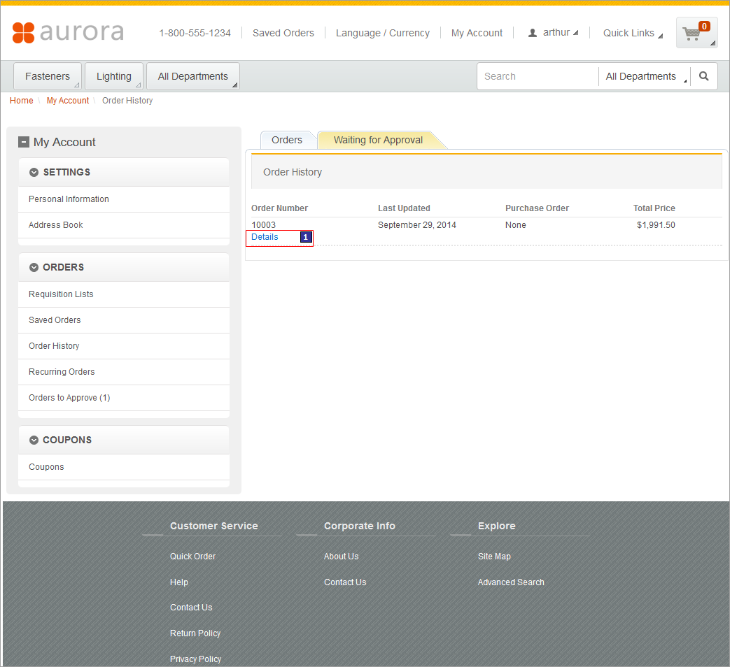 Captura de pantalla de la página Historial de pedidos