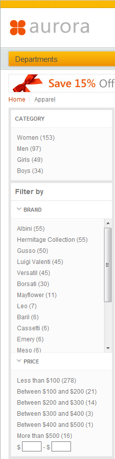 Captura de pantalla de la navegación de categoría ampliada habilitada